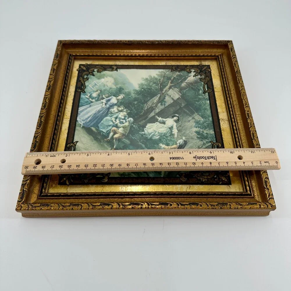Vintage Gold Framed Rococo Style Lithograph Wall Art 11.5"x11.5" Diamond - Picture 5 of 5